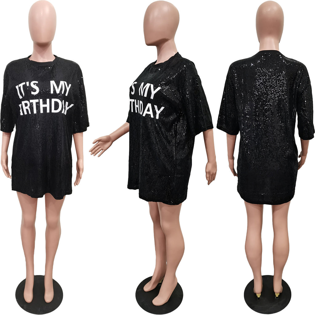 Round Neck Loose Sequin Letter Graphic Printed Dress