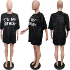 Round Neck Loose Sequin Letter Graphic Printed Dress