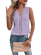 Women's Clothing Summer V Neck Stitching Hollow Out Lace Vest T Top Women