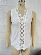 Women's Clothing Summer V Neck Stitching Hollow Out Lace Vest T Top Women