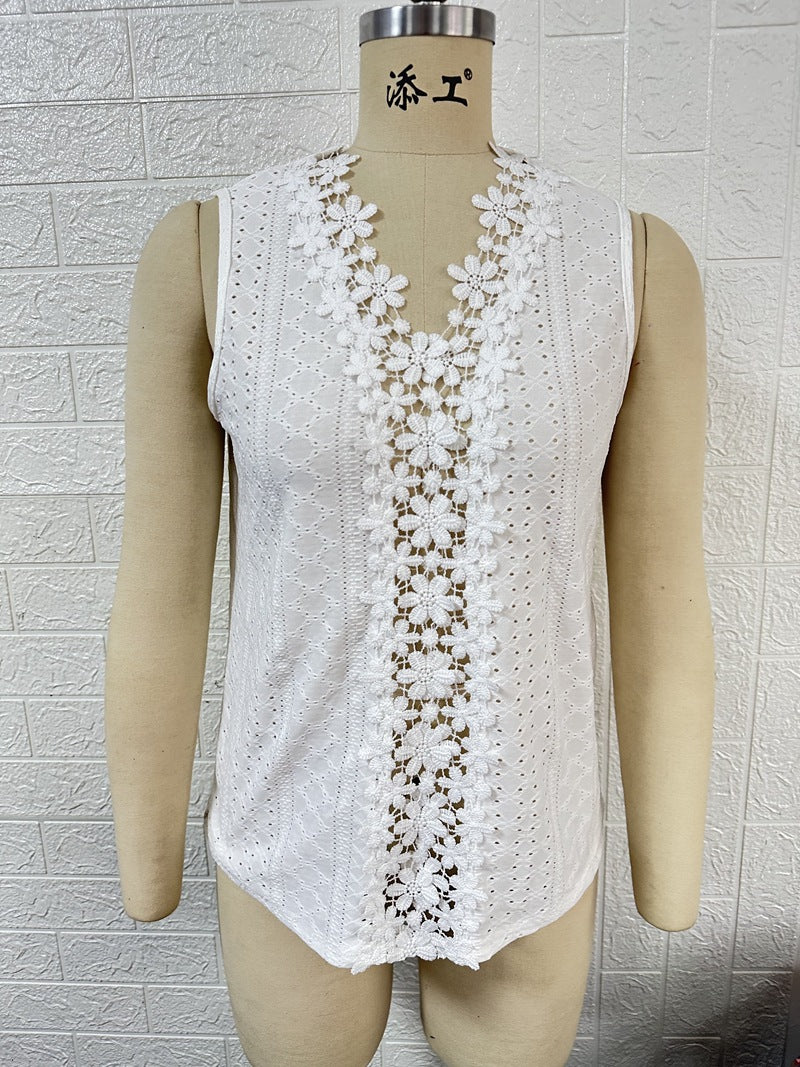 Women's Clothing Summer V Neck Stitching Hollow Out Lace Vest T Top Women