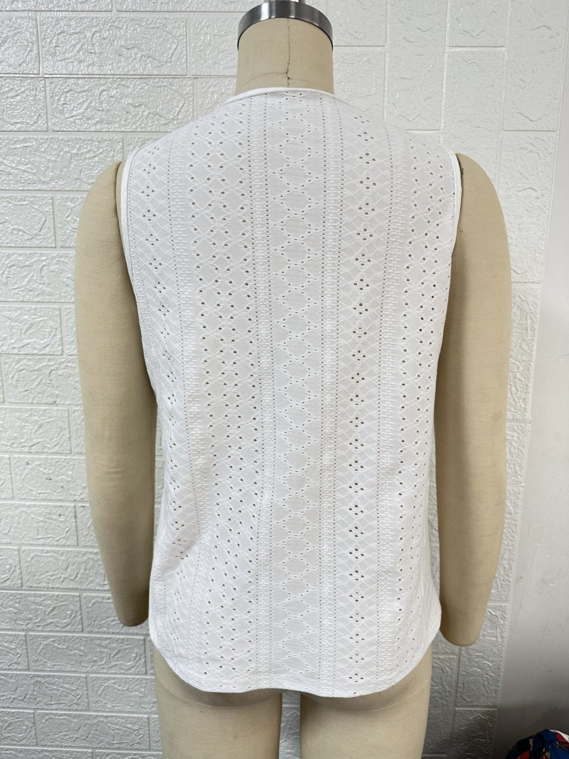 Women's Clothing Summer V Neck Stitching Hollow Out Lace Vest T Top Women