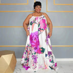 Plus Size Off-Shoulder Pleated Long Printing Slip Dress