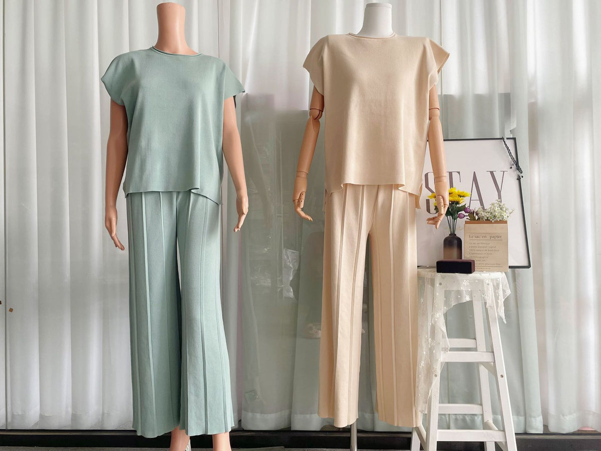 Casual Summer Solid Color Sleeveless Vest Sweater Wide Leg Pants Ice Silk Set