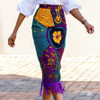 Women's High Waist Print Stitching Tassel Hip Skirt