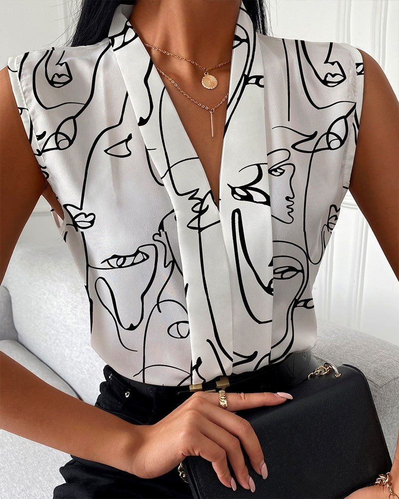 Women's Summer Casual Sleeveless V Neck Printed Shirt