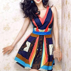 Striped With Contrast Color Print Holiday Dress