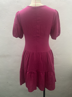 Short-Sleeve Cinched Waist Slim Fit Big Swing Dress Rose Red Tiered