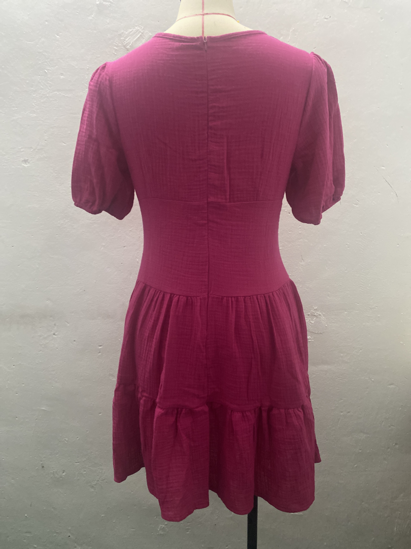 Short-Sleeve Cinched Waist Slim Fit Big Swing Dress Rose Red Tiered
