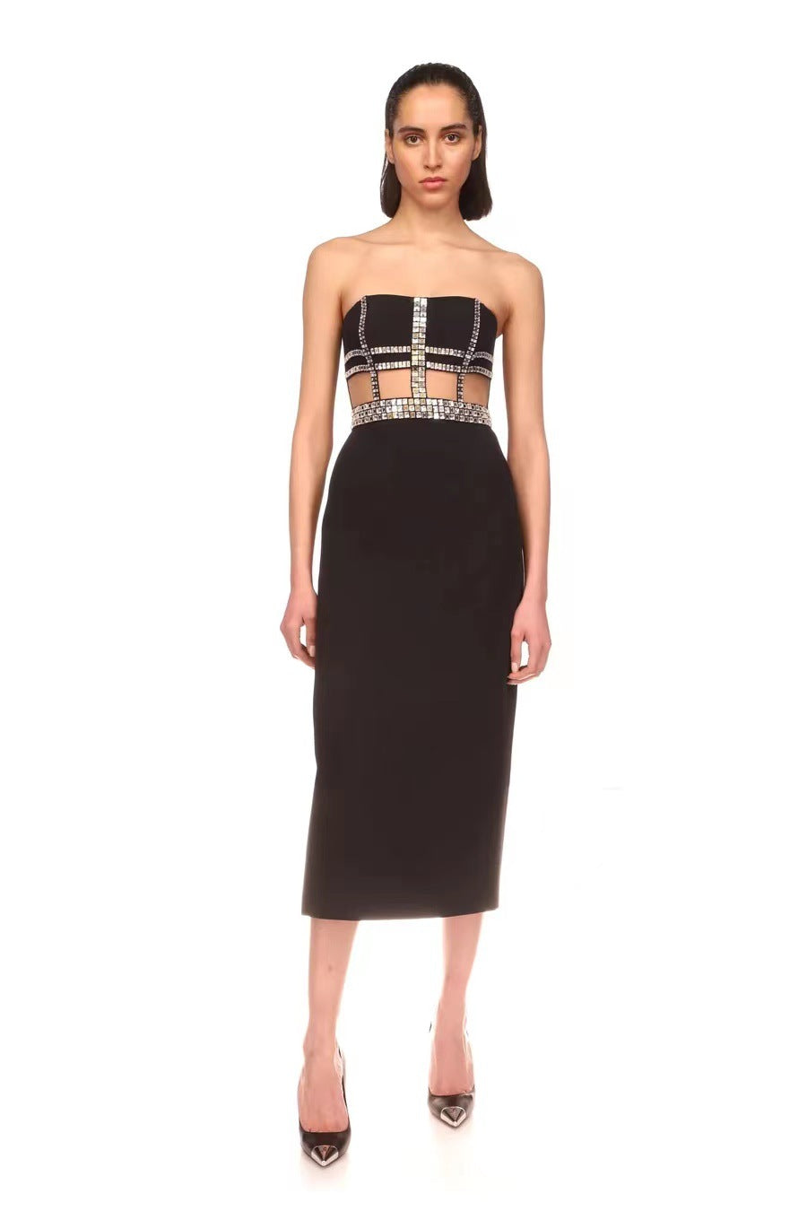 Women's Black Beaded Strapless Bandage Evening Dress