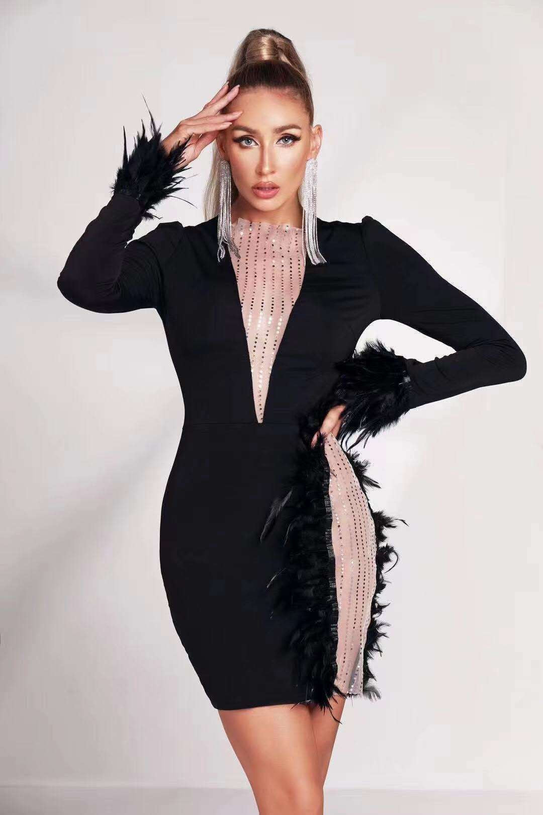 Long Sleeve Mesh Sequ Feather Bandage One Piece Dress