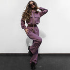 Women's Autumn Winter Solid Color Zipper Double Bag Drawstring Long Set