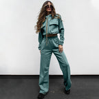Women's Autumn Winter Solid Color Zipper Double Bag Drawstring Long Set