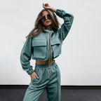 Women's Autumn Winter Solid Color Zipper Double Bag Drawstring Long Set