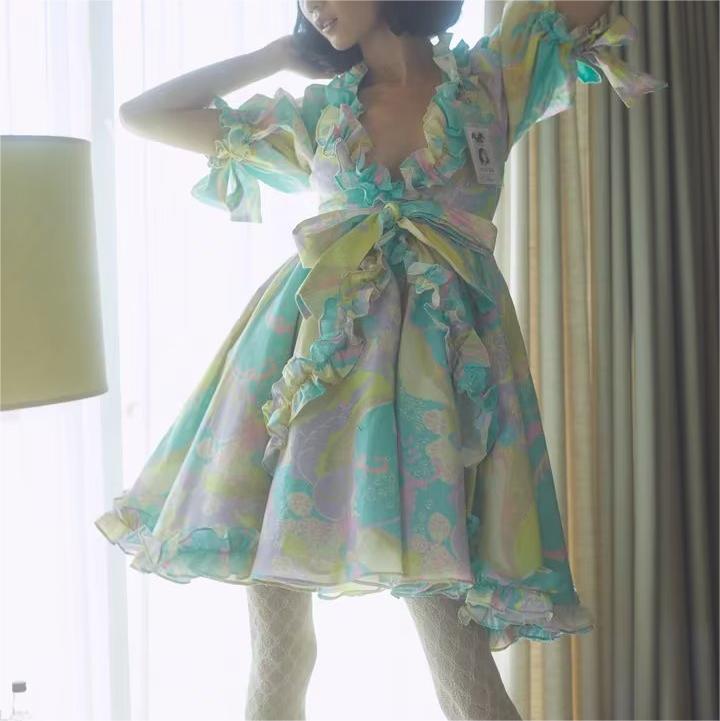 Women's V-Neck Floral Ruffle Puff-Sleeve Mini Dress