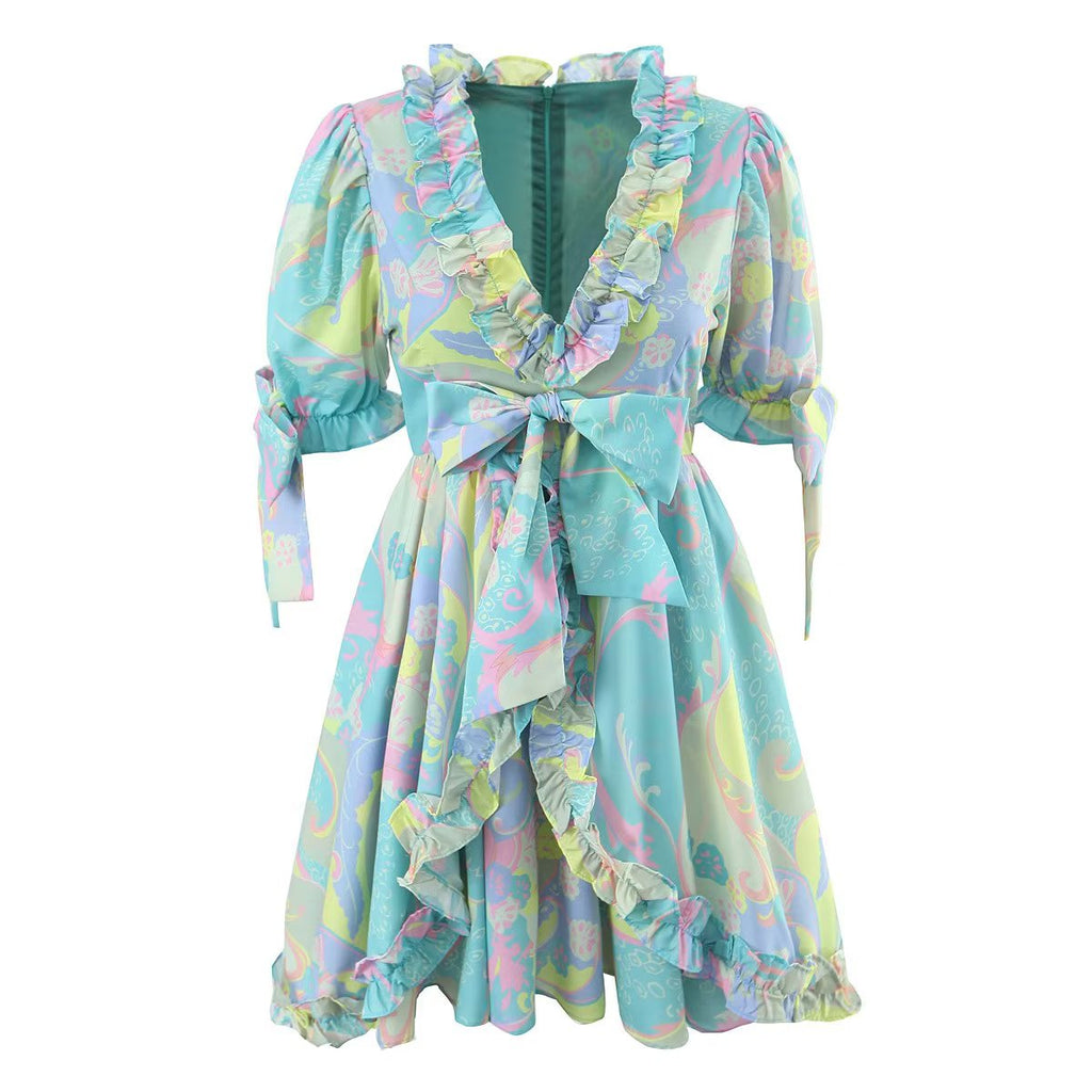 Women's V-Neck Floral Ruffle Puff-Sleeve Mini Dress