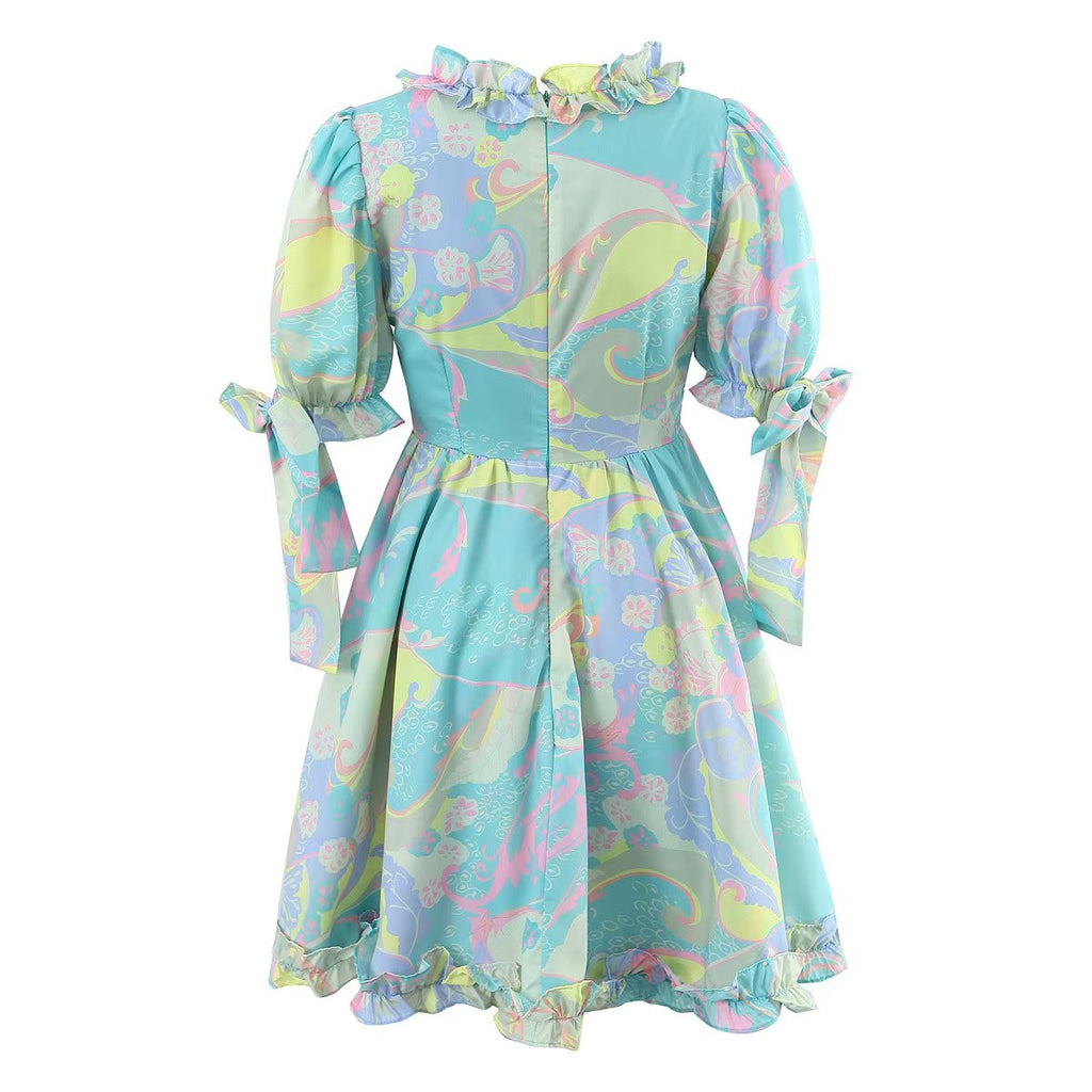 Women's V-Neck Floral Ruffle Puff-Sleeve Mini Dress