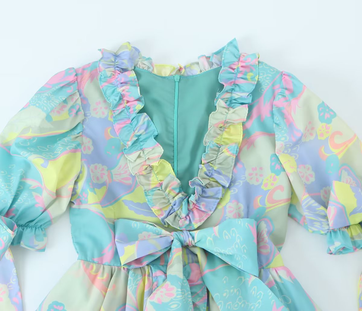 Women's V-Neck Floral Ruffle Puff-Sleeve Mini Dress