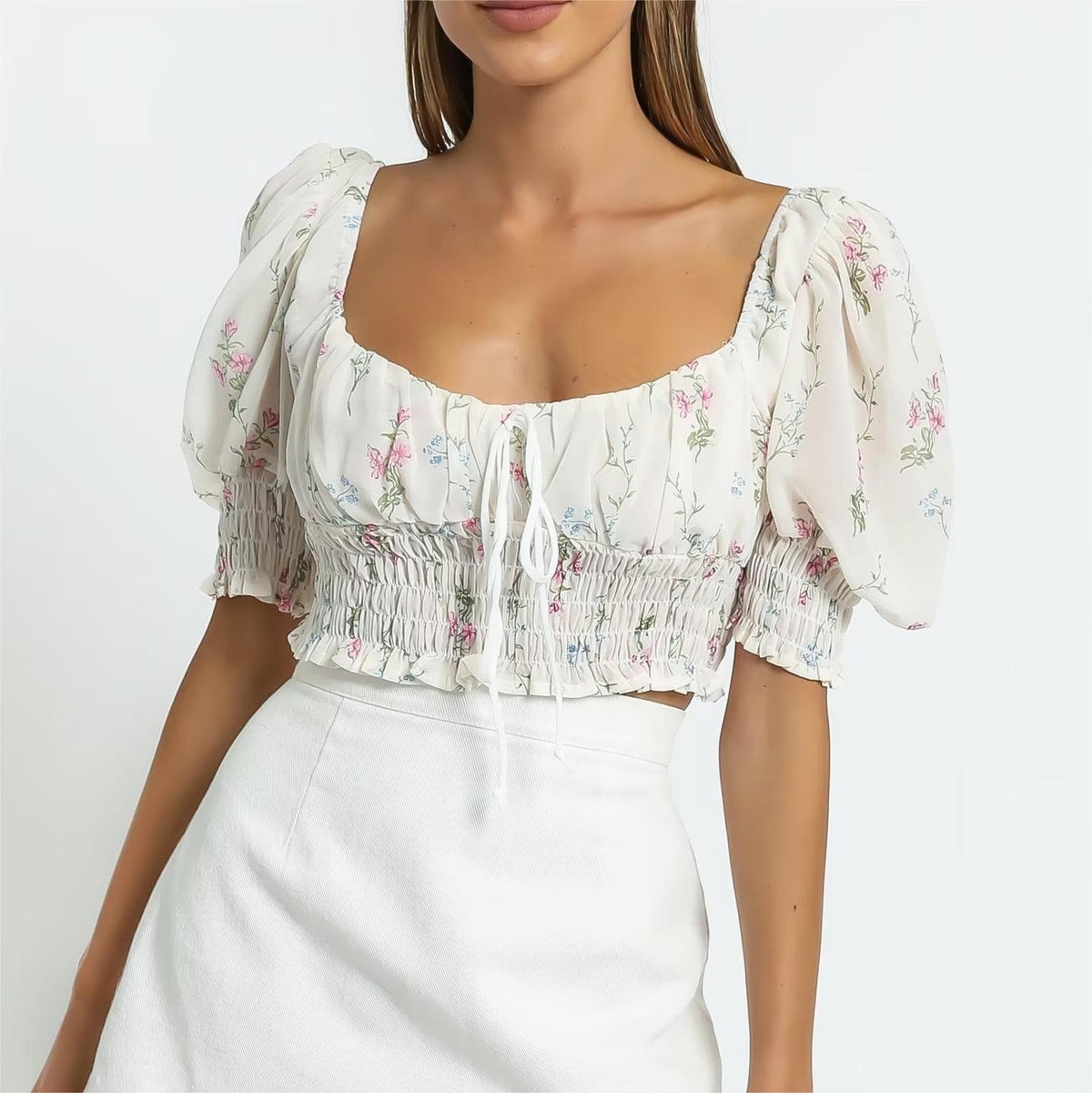 Women's Spring Puff Sleeve Gentle Lace Up Square Collar Short Floral Print Small Top