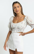 Women's Spring Puff Sleeve Gentle Lace Up Square Collar Short Floral Print Small Top