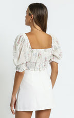 Women's Spring Puff Sleeve Gentle Lace Up Square Collar Short Floral Print Small Top