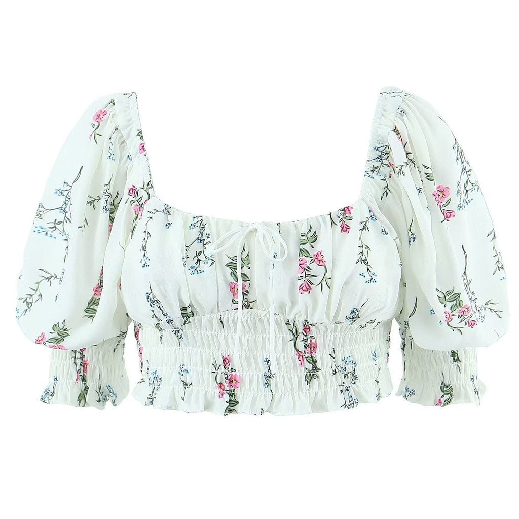 Women's Spring Puff Sleeve Gentle Lace Up Square Collar Short Floral Print Small Top