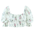 Women's Spring Puff Sleeve Gentle Lace Up Square Collar Short Floral Print Small Top