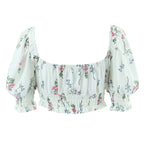 Women's Spring Puff Sleeve Gentle Lace Up Square Collar Short Floral Print Small Top