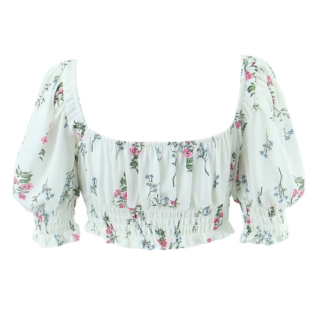 Women's Spring Puff Sleeve Gentle Lace Up Square Collar Short Floral Print Small Top