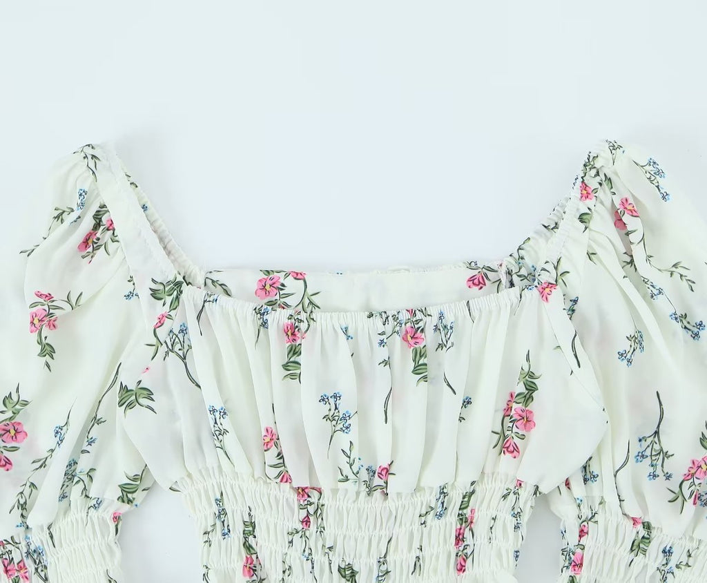 Women's Spring Puff Sleeve Gentle Lace Up Square Collar Short Floral Print Small Top