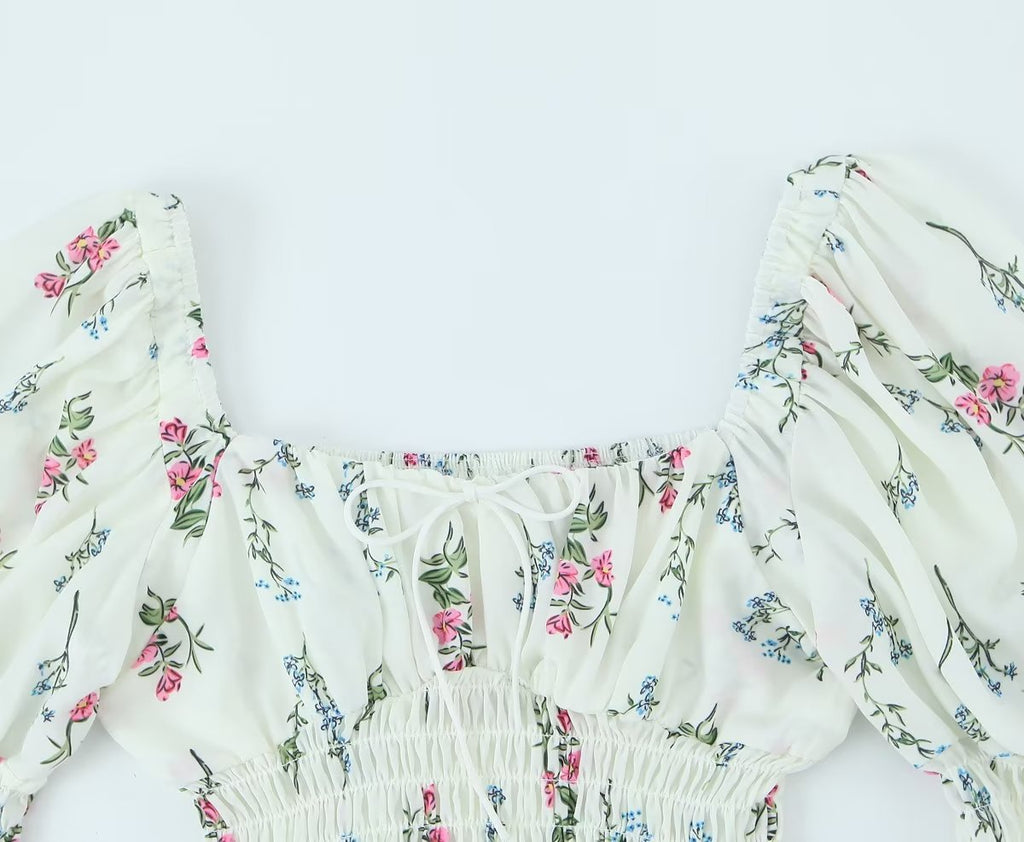 Women's Spring Puff Sleeve Gentle Lace Up Square Collar Short Floral Print Small Top