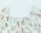 Women's Spring Puff Sleeve Gentle Lace Up Square Collar Short Floral Print Small Top