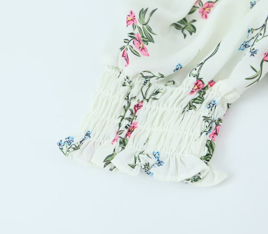 Women's Spring Puff Sleeve Gentle Lace Up Square Collar Short Floral Print Small Top
