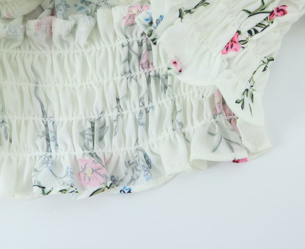 Women's Spring Puff Sleeve Gentle Lace Up Square Collar Short Floral Print Small Top