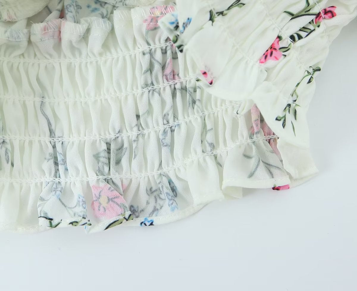 Women's Spring Puff Sleeve Gentle Lace Up Square Collar Short Floral Print Small Top