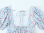 Women Pleated Loose Slimming Round Neck Puff Sleeve Floral Dress