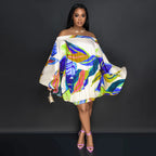 Spring Summer Off-Shoulder Loose Elastic Printing Batwing Shirt Long Sleeve Dress