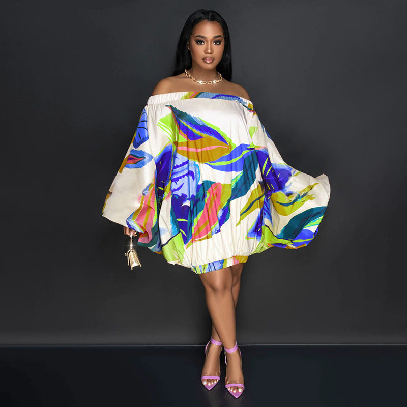 Spring Summer Off-Shoulder Loose Elastic Printing Batwing Shirt Long Sleeve Dress