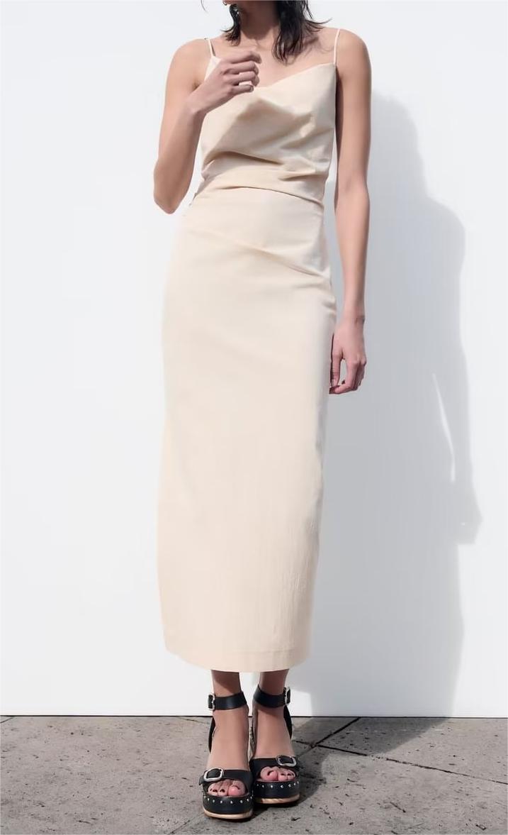 Cross-Strap Pleated Split Midi Dress