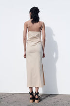 Cross-Strap Pleated Split Midi Dress