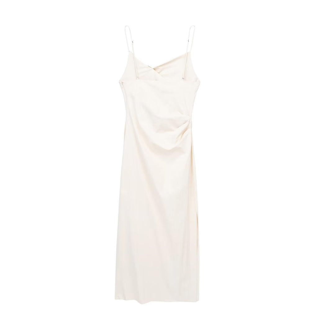 Cross-Strap Pleated Split Midi Dress