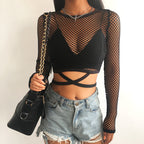 Women's Sheer Grid Mesh Tie Detail Crop Top