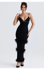Black Camisole V-Neck round Bar Ostrich Hair Chain Knitted Bandage One Pie
