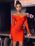 Women's Orange V-Neck Long-Sleeve Bodycon Mini Dress