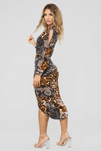 Pleated Irregular Asymmetric Long Sleeve Deep V Plunge Leopard Print Sprin