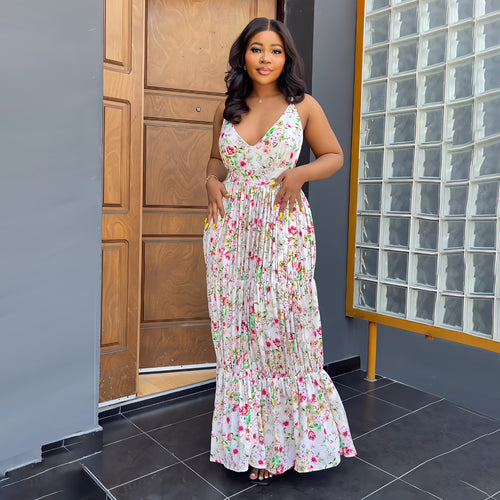 Sleeveless V neck Backless Print Slim Fit Maxi Dress Early Spring All Matching Women Cami Dress