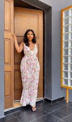 Sleeveless V-Neck Backless Print Maxi Dress