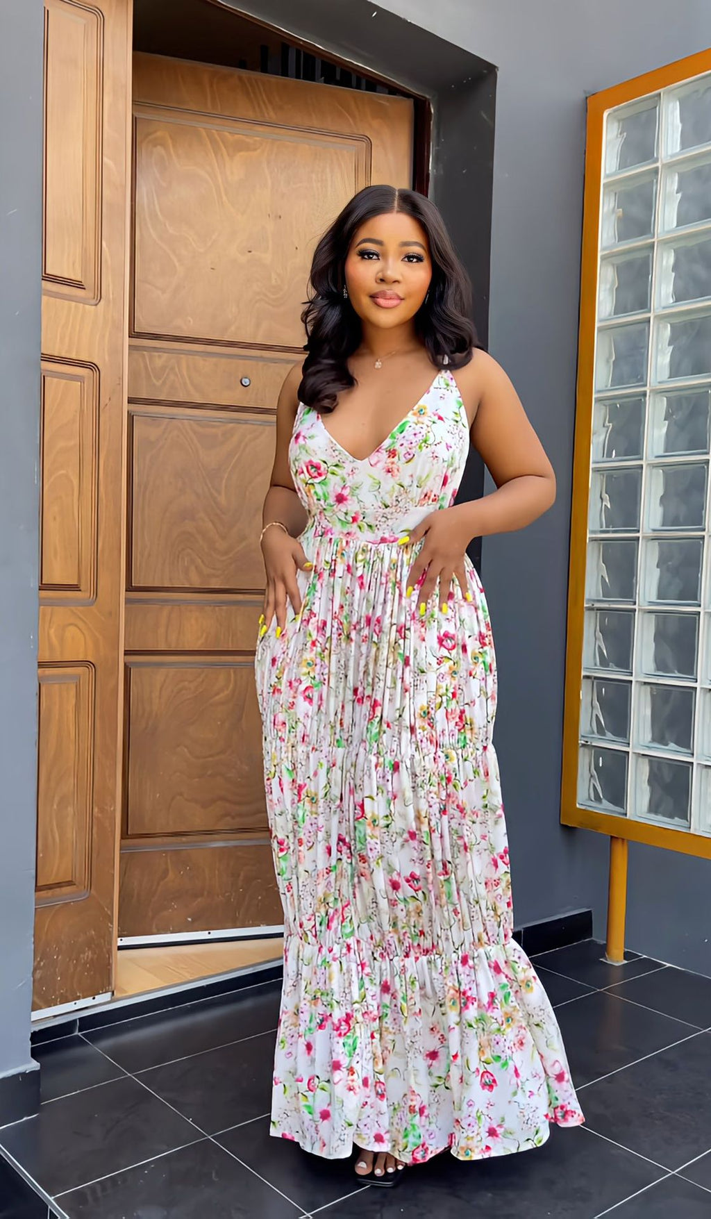 Sleeveless V-Neck Backless Print Maxi Dress