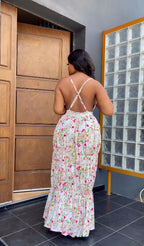 Sleeveless V-Neck Backless Print Maxi Dress