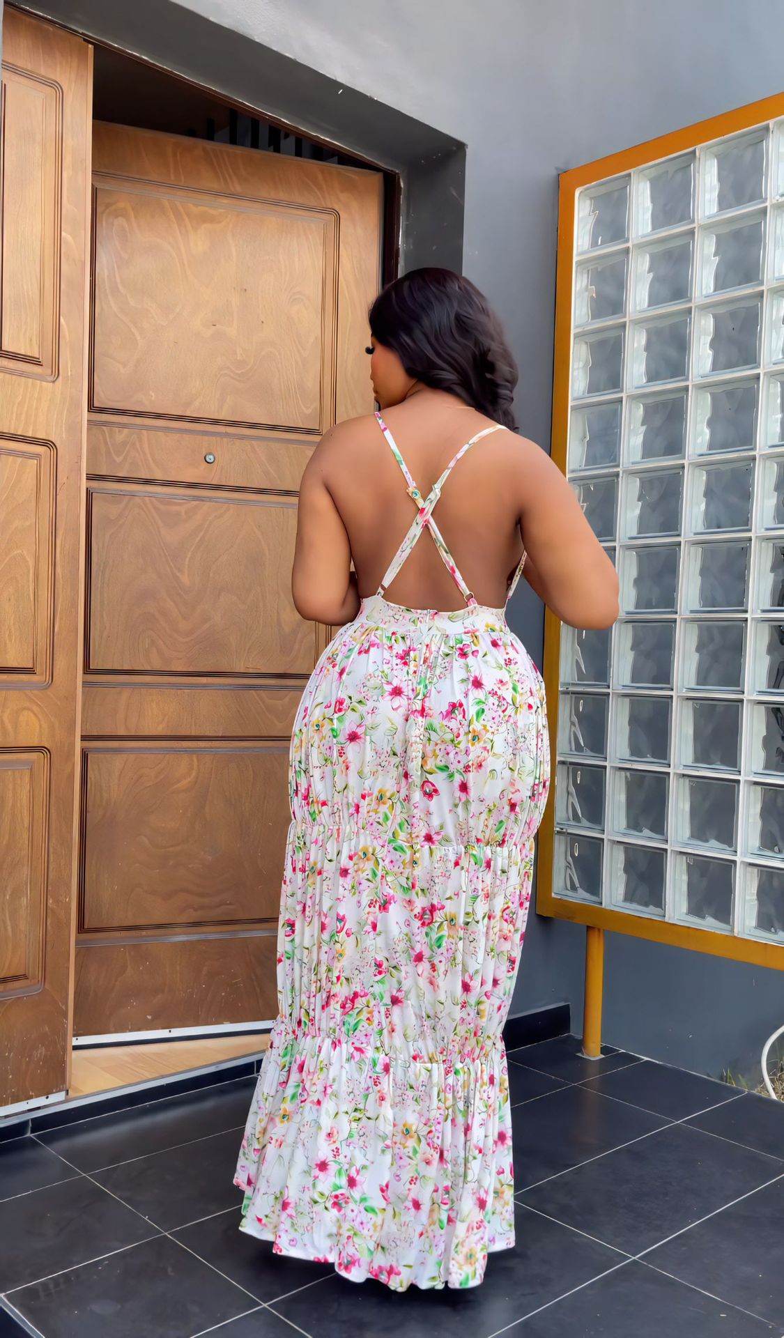 Sleeveless V-Neck Backless Print Maxi Dress